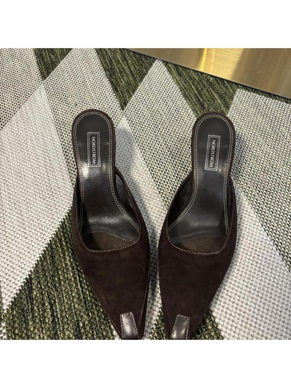 Nordstrom Brown Leather Pointed Toe Mule Kitten Heel Slides Size 8 Y2k 90s Chic - Picture 2 of 5